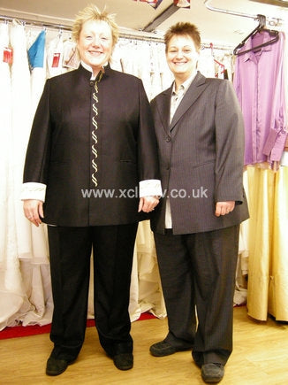 Two brides in bespoke black and grey trouser suits – XCLUSIV Horsham
