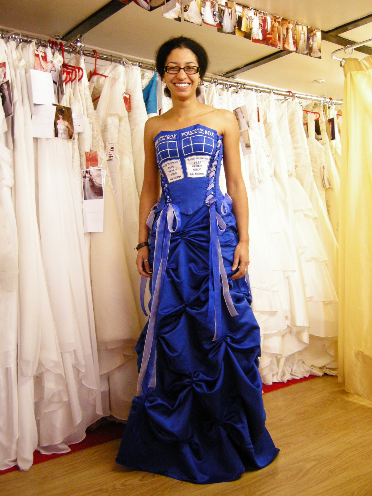 Bespoke blue police box ball gown worn by client – XCLUSIV Horsham Main image