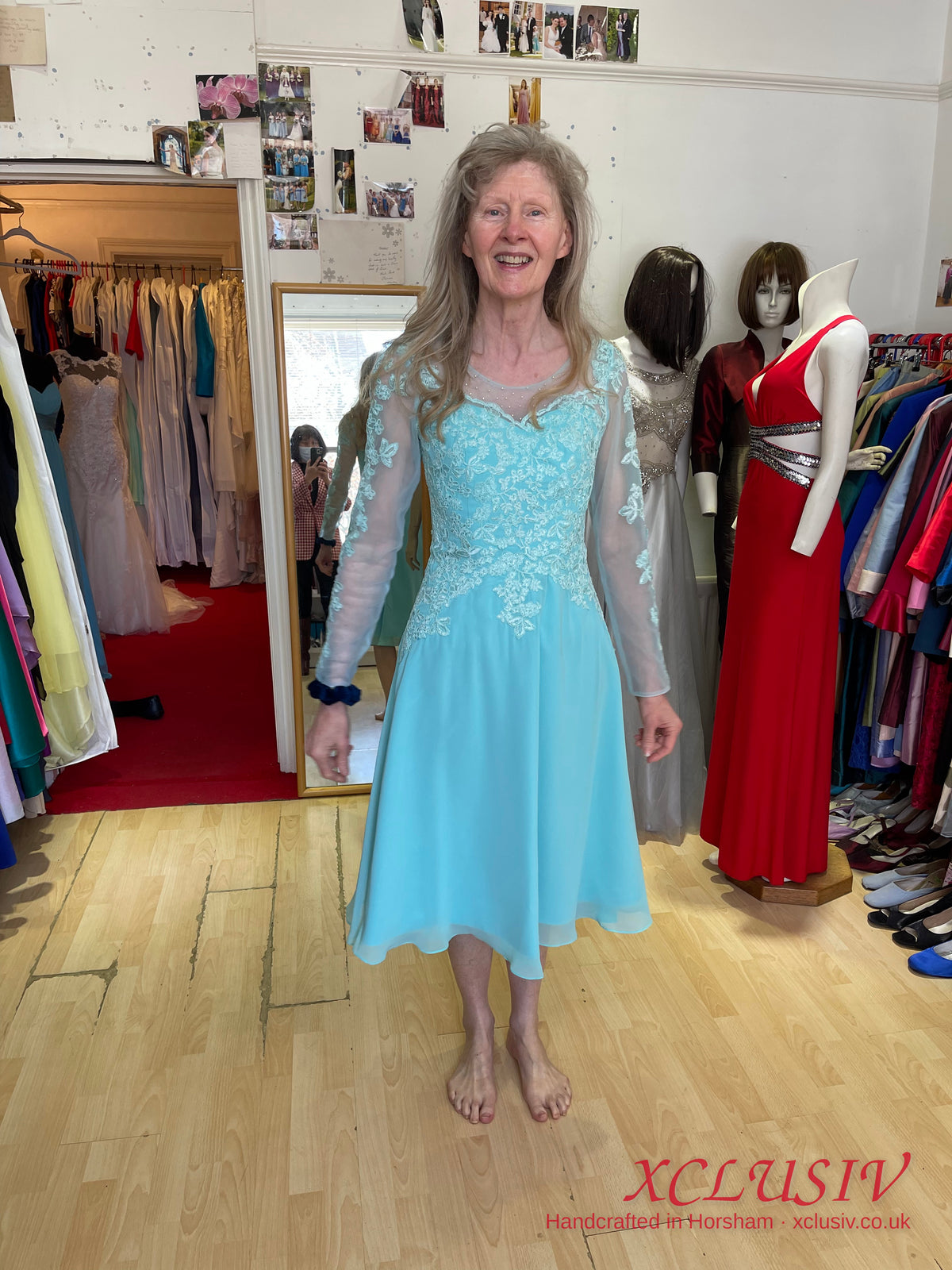 Aqua Chiffon Lace-Sleeve Tea-Length Dress – Mother of the Bride – XCLUSIV Horsham