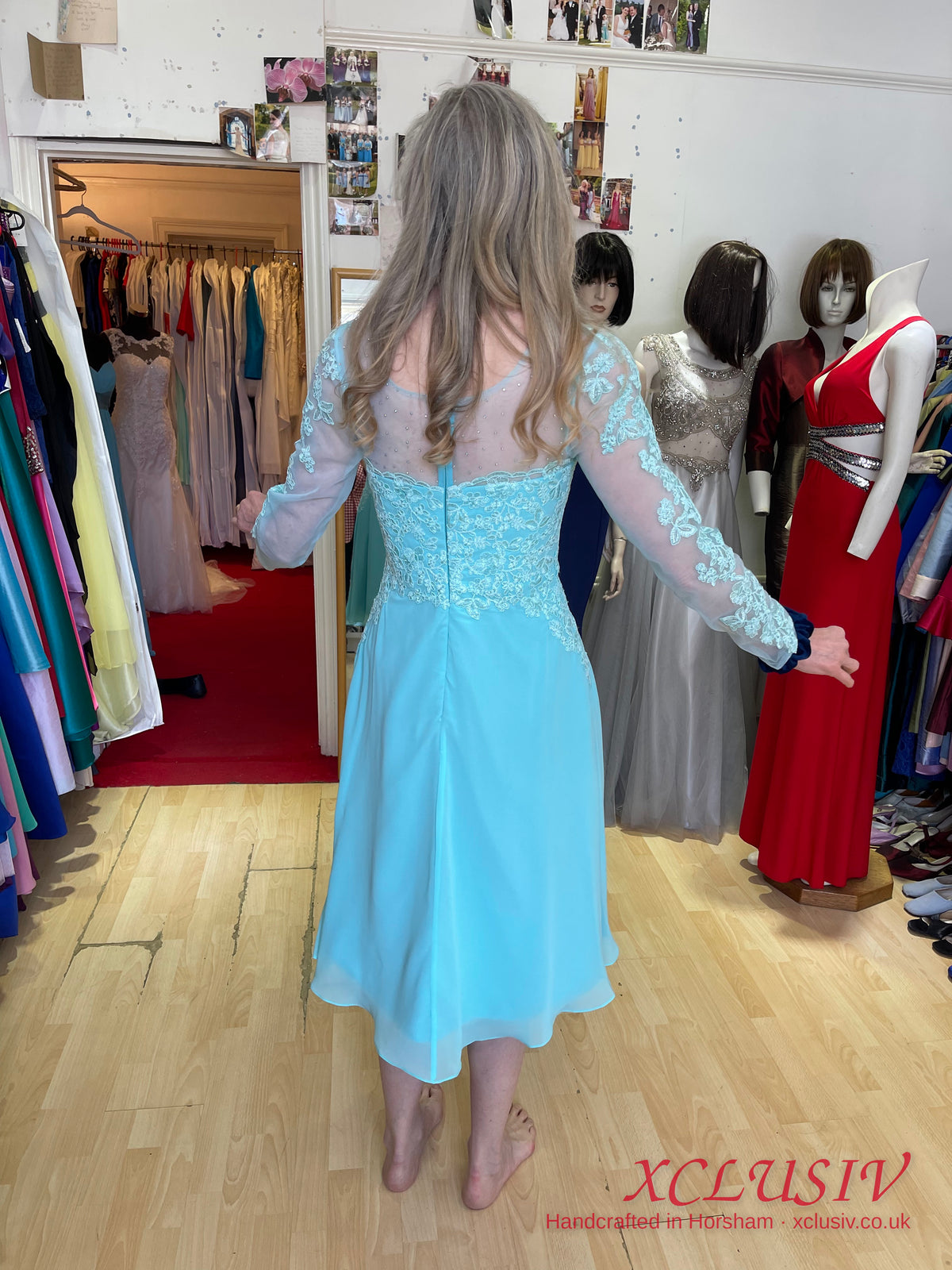 Aqua Chiffon Lace-Sleeve Tea-Length Dress – Mother of the Bride – XCLUSIV Horsham (view 2)