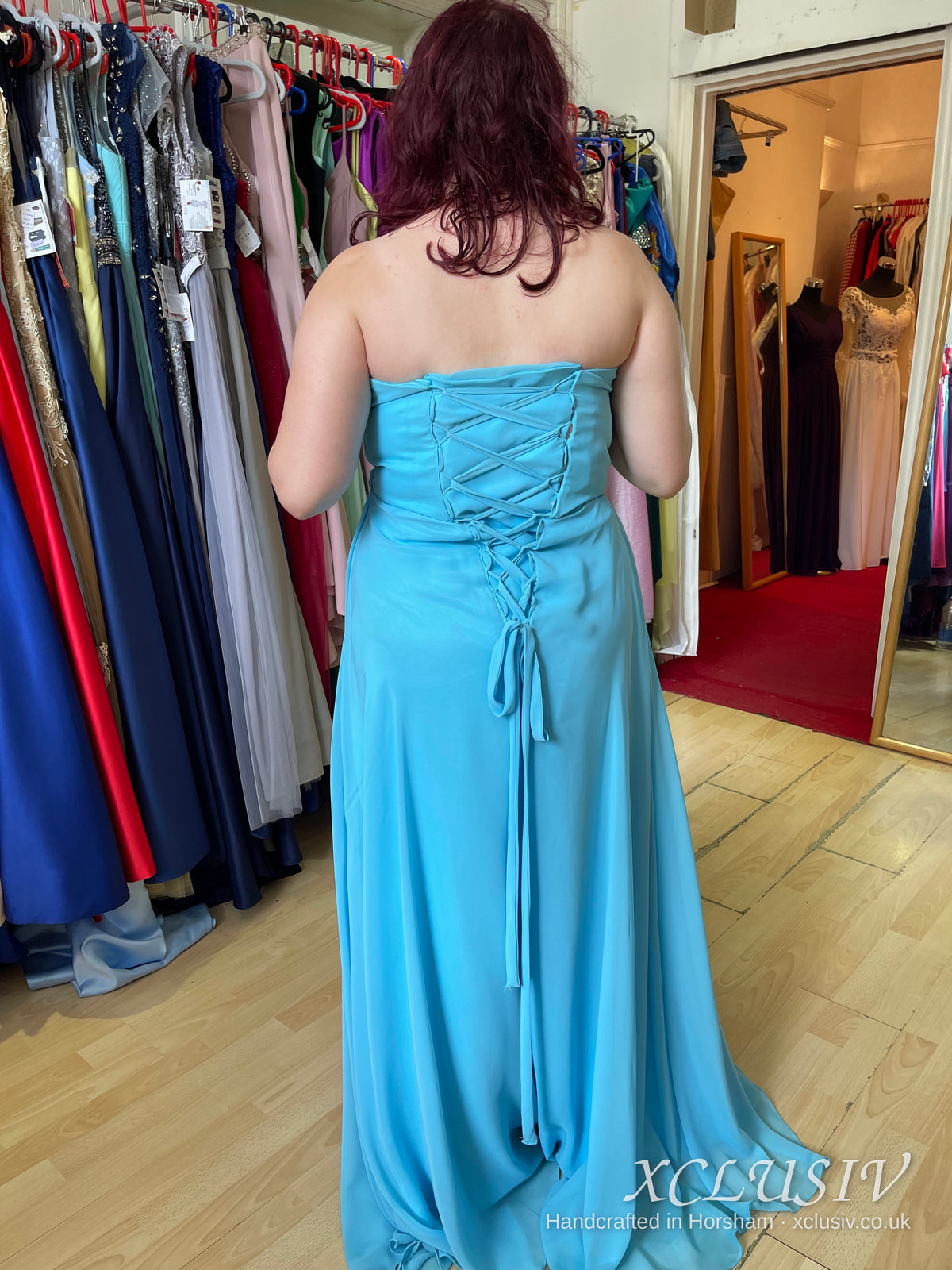 Aqua Chiffon Strapless Lace-Up Back Bridesmaid Dress – XCLUSIV Horsham Main image