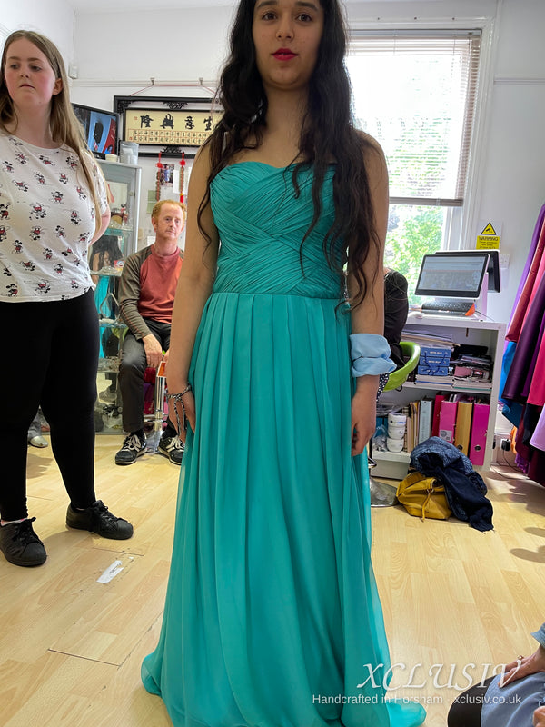 Aqua Chiffon Strapless Ruched Bridesmaid Dress – XCLUSIV Horsham (view 2)