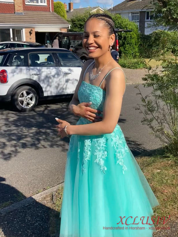 Aqua Lace Tulle Tea-Length Prom Dress – XCLUSIV Horsham (view 3)