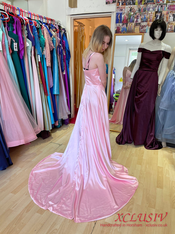 Baby Pink Satin V-Neck Train Prom Dress – XCLUSIV Horsham
