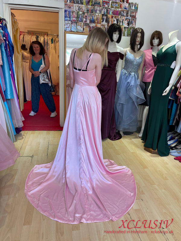 Baby Pink Satin V-Neck Train Prom Dress – XCLUSIV Horsham (view 2)
