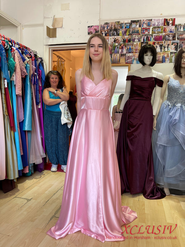 Baby Pink Satin V-Neck Train Prom Dress – XCLUSIV Horsham (view 3)