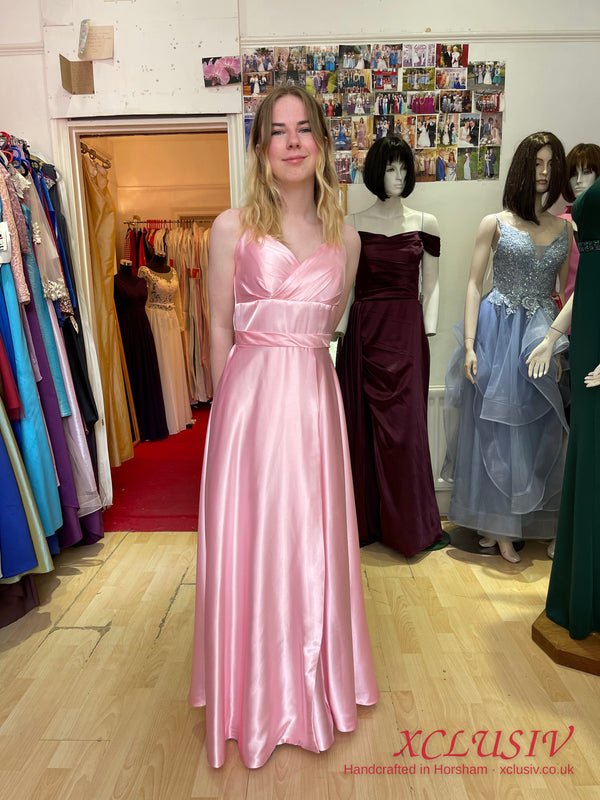 Baby Pink Satin V-Neck Train Prom Dress – XCLUSIV Horsham (view 4)