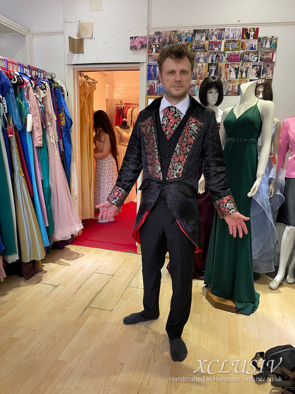 Black Brocade Frock Coat with Red Embroidery – XCLUSIV Horsham (view 2)
