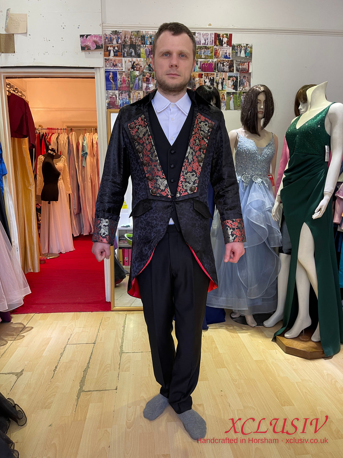 Black Brocade Frock Coat with Red Embroidery – XCLUSIV Horsham (view 4)