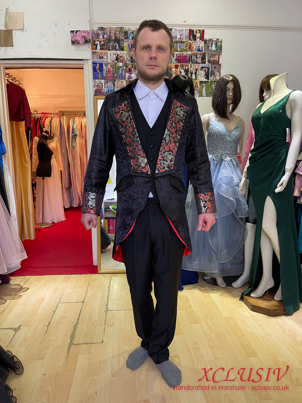 Black Brocade Frock Coat with Red Embroidery – XCLUSIV Horsham (view 4)