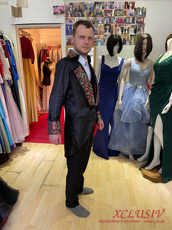 Black Brocade Frock Coat with Red Embroidery – XCLUSIV Horsham (view 6)