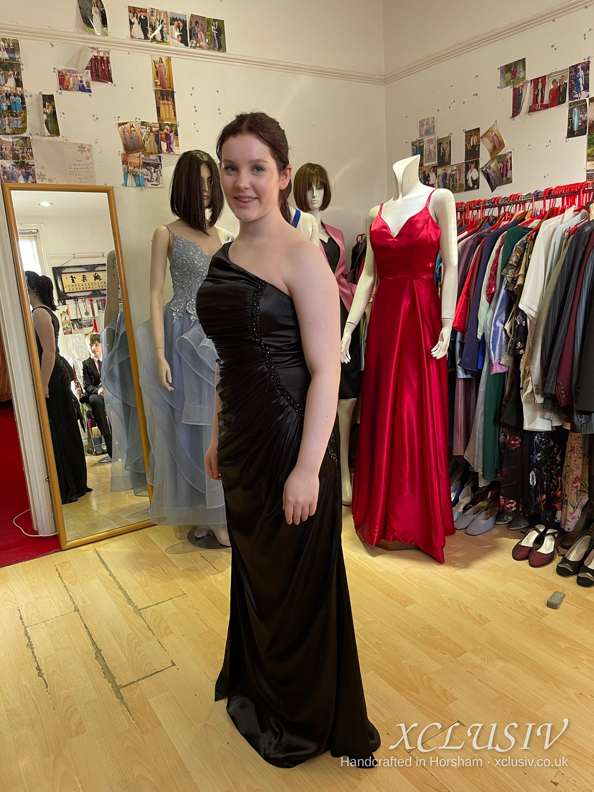 Black Satin One-Shoulder Ruched Prom Dress – XCLUSIV Horsham (view 4)