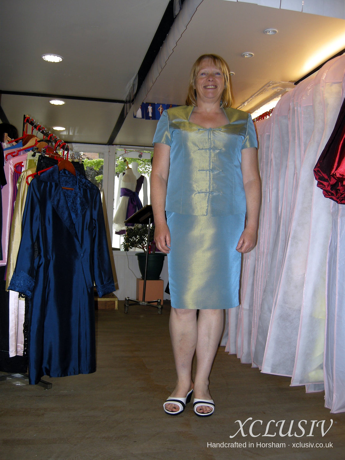 Blue-Gold Shot Taffeta Jacket & Flounce Dress – Mother of the Bride – XCLUSIV Horsham