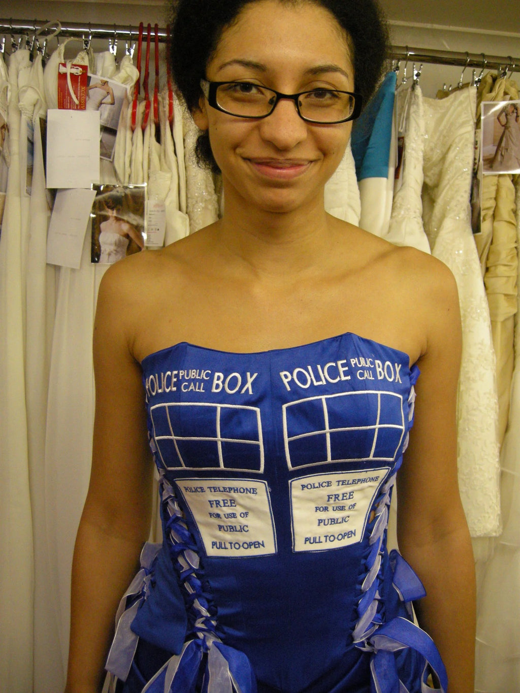 Blue police box costume gown fitting – XCLUSIV Horsham