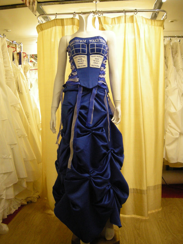 Blue satin police box ball gown full length – XCLUSIV Horsham