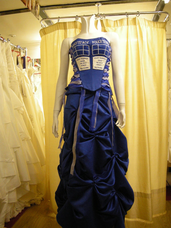Blue satin police box ball gown skirt detail – XCLUSIV Horsham