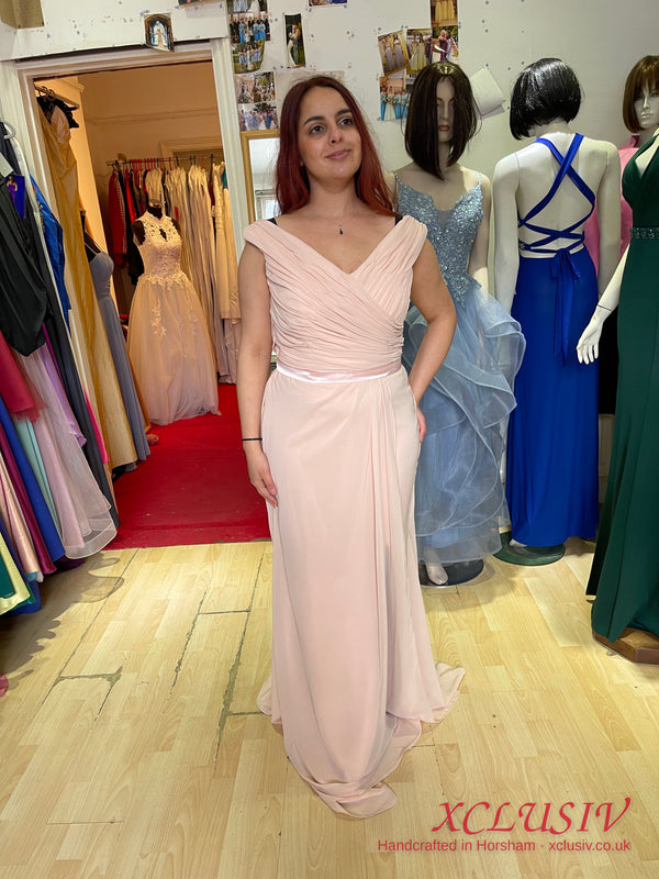 Blush Chiffon Bardot Lace-Up Back Bridesmaid Dress – XCLUSIV Horsham