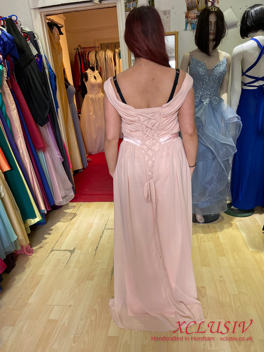 Blush Chiffon Bardot Lace-Up Back Bridesmaid Dress – XCLUSIV Horsham (view 2)