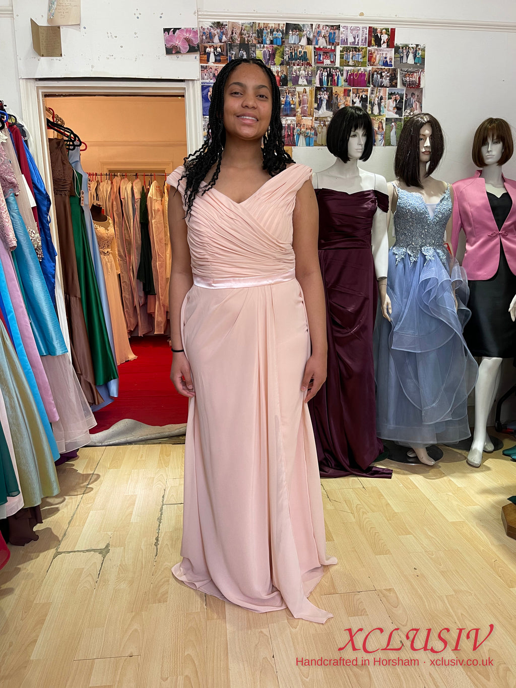 Blush Chiffon Bardot Lace-Up Back Bridesmaid Dress – XCLUSIV Horsham (view 3)