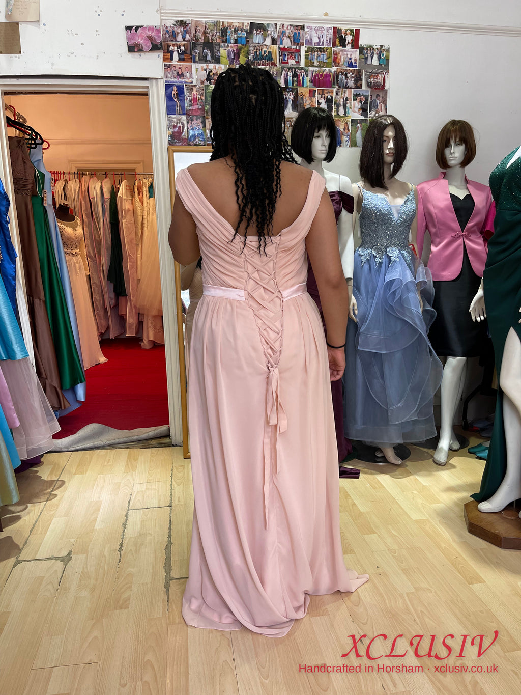 Blush Chiffon Bardot Lace-Up Back Bridesmaid Dress – XCLUSIV Horsham (view 4)