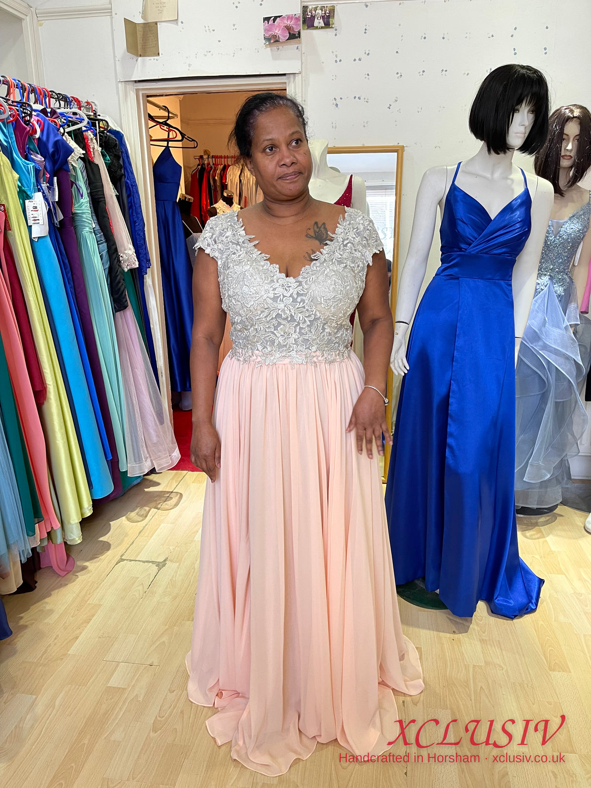 Blush Chiffon Dress with Silver Lace Bodice – Mother of the Bride (Plus Size) – XCLUSIV Horsham Main image