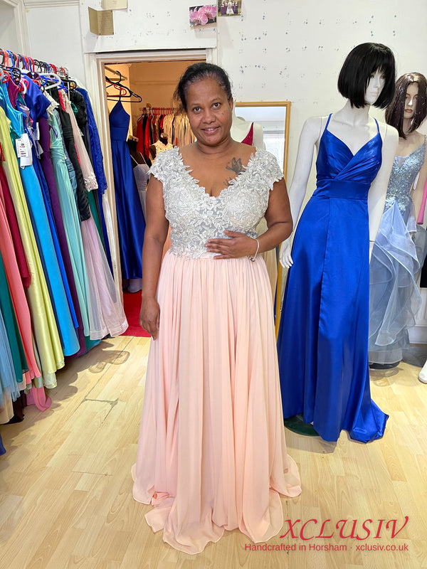 Blush Chiffon Dress with Silver Lace Bodice – Mother of the Bride (Plus Size) – XCLUSIV Horsham (view 2)