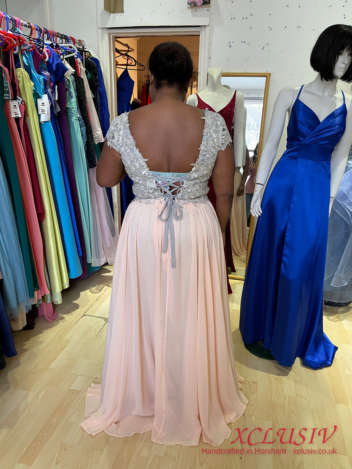 Blush Chiffon Dress with Silver Lace Bodice – Mother of the Bride (Plus Size) – XCLUSIV Horsham (view 3)