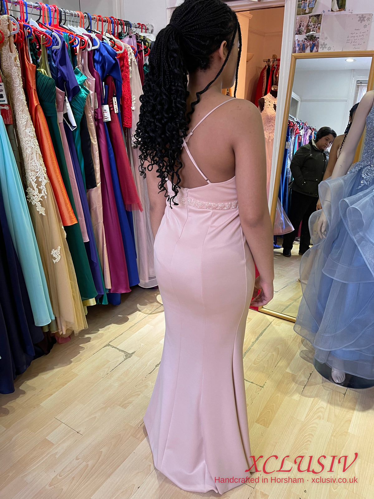 Blush Crepe Cross-Back Mermaid Prom Dress – XCLUSIV Horsham (view 2)