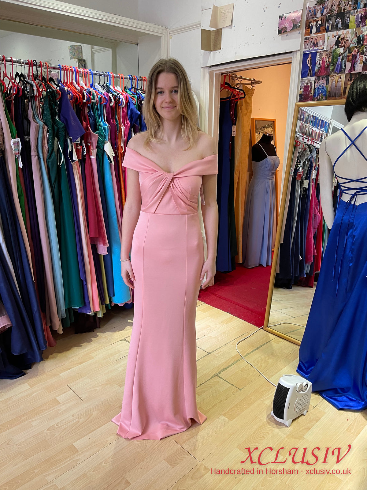 Blush Pink Crepe Bardot Twist Mermaid Prom Dress – XCLUSIV Horsham (view 2)