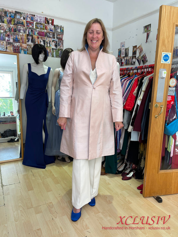 Blush Silk Long Coat & Ivory Trousers – Mother of the Bride – XCLUSIV Horsham