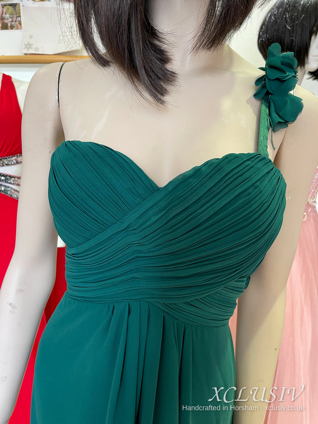 Bottle Green Chiffon One-Shoulder Bridesmaid Dress – XCLUSIV Horsham (view 2)
