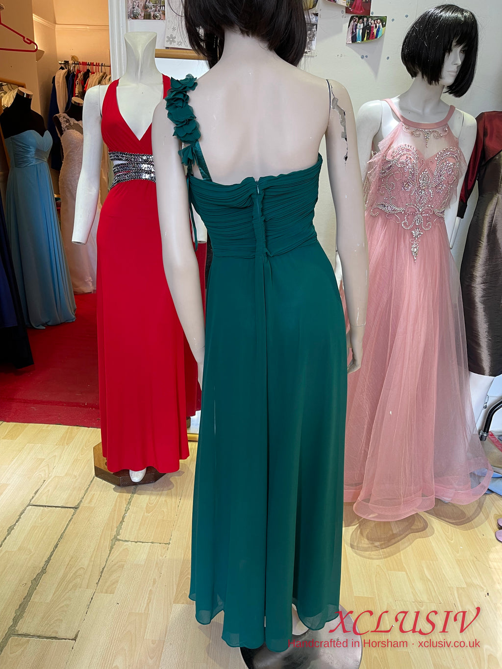 Bottle Green Chiffon One-Shoulder Bridesmaid Dress – XCLUSIV Horsham (view 3)