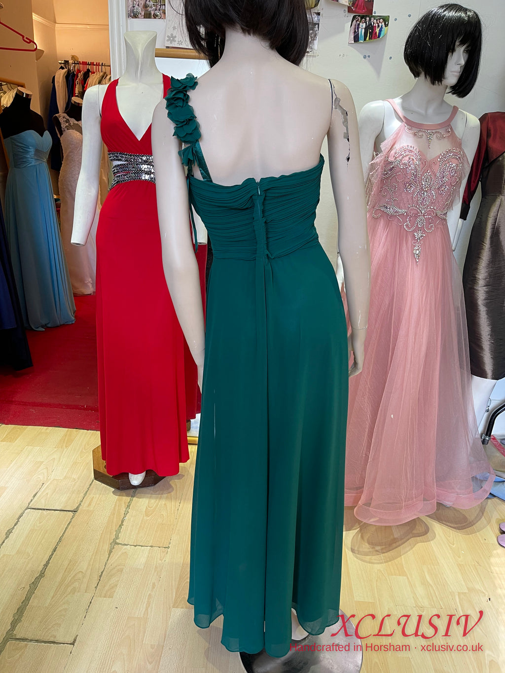 Bottle Green Chiffon One-Shoulder Bridesmaid Dress – XCLUSIV Horsham (view 4)