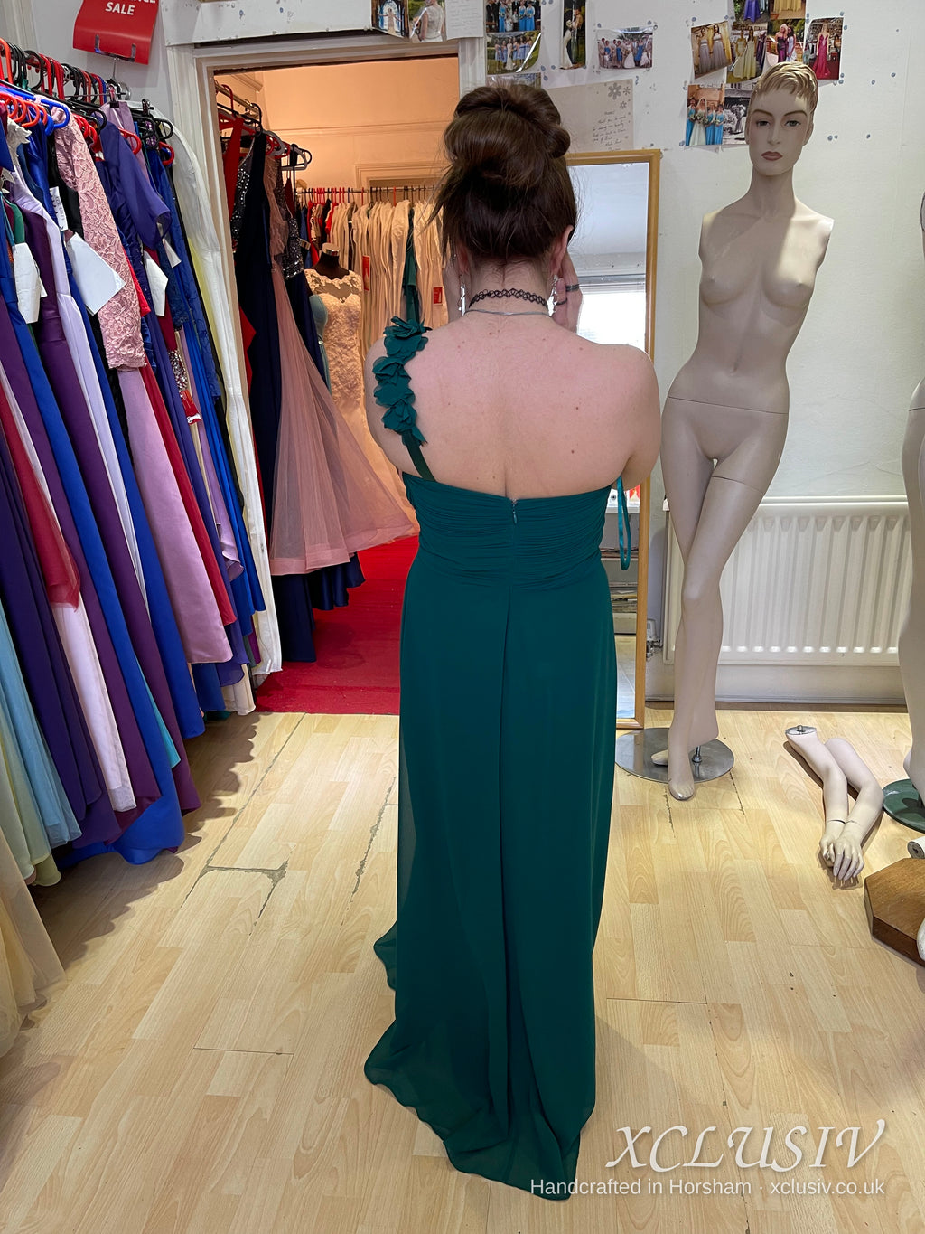Bottle Green Chiffon One-Shoulder Bridesmaid Dress – XCLUSIV Horsham (view 6)