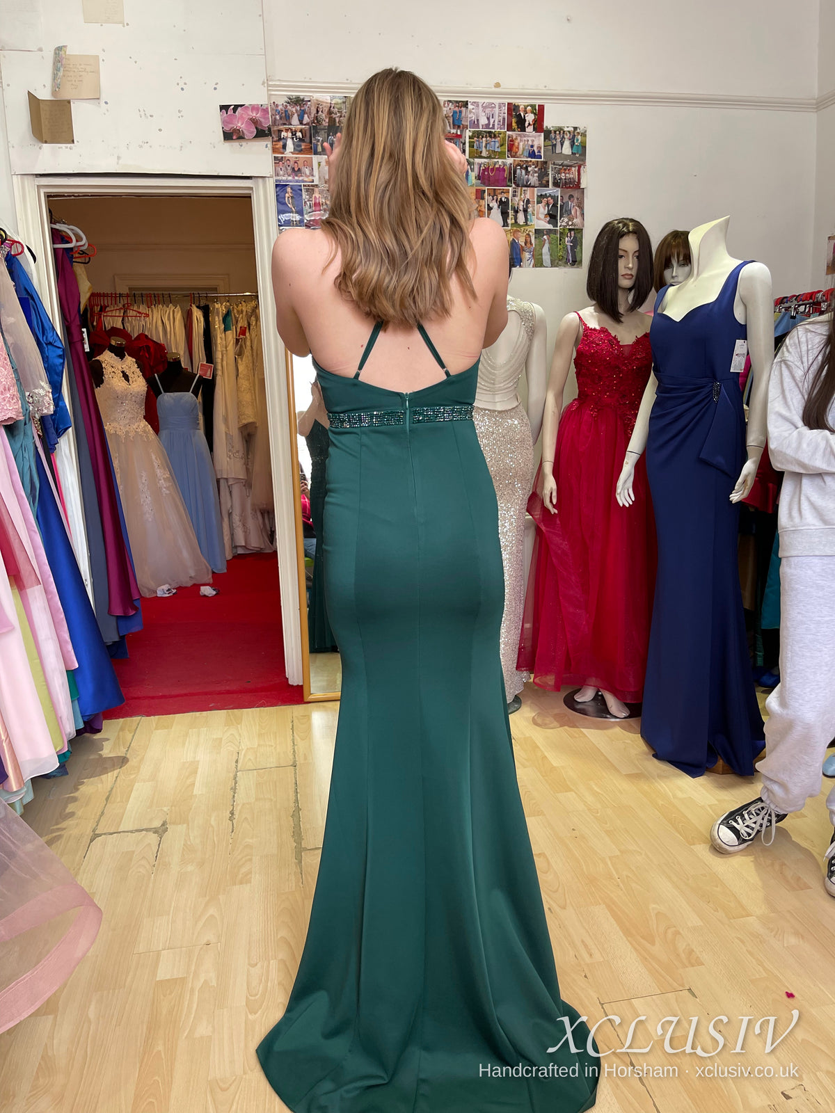 Bottle Green Crepe Cross-Back Beaded-Waist Split Prom Dress – XCLUSIV Horsham (view 2)