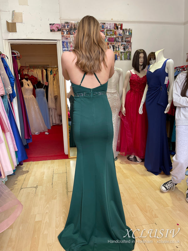 Bottle Green Crepe Cross-Back Beaded-Waist Split Prom Dress – XCLUSIV Horsham (view 2)