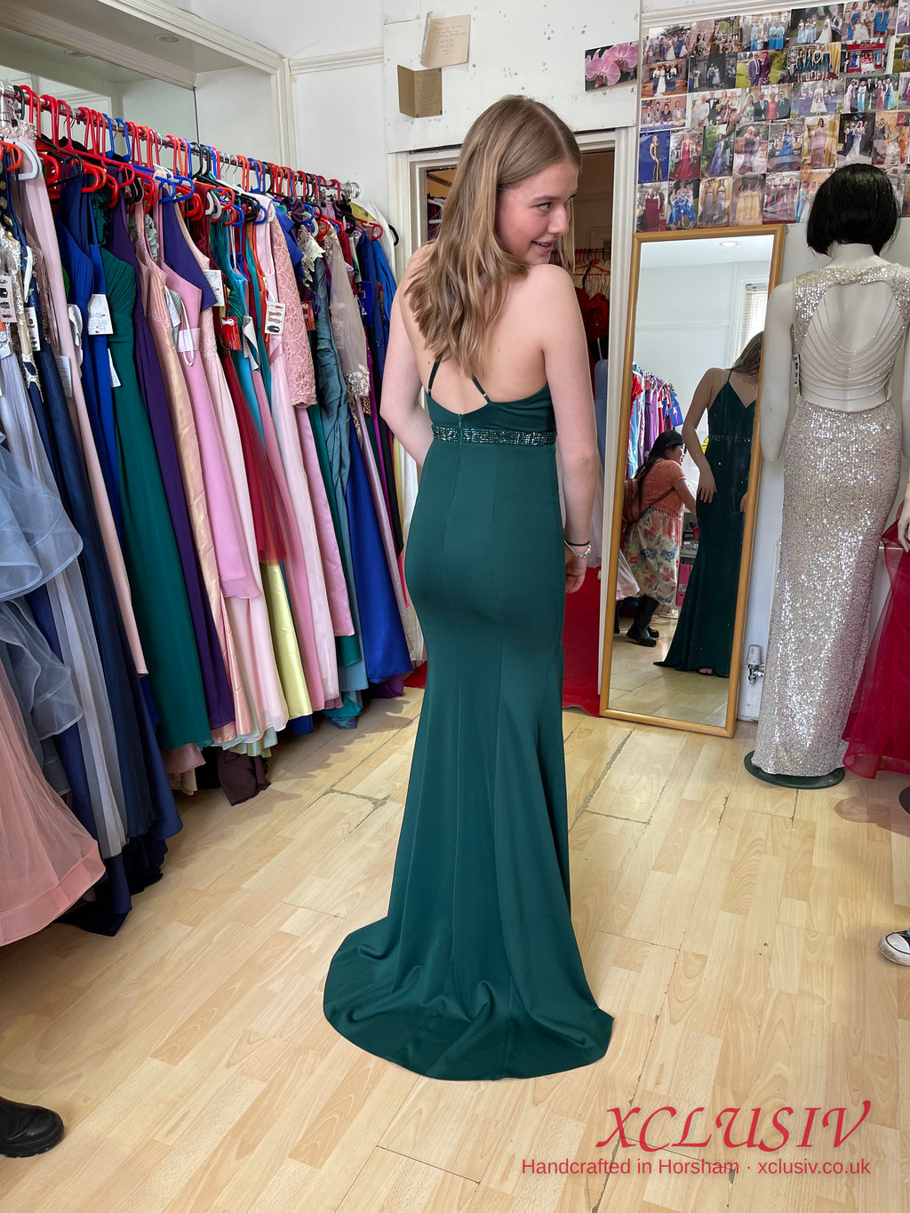 Bottle Green Crepe Cross-Back Beaded-Waist Split Prom Dress – XCLUSIV Horsham (view 3)