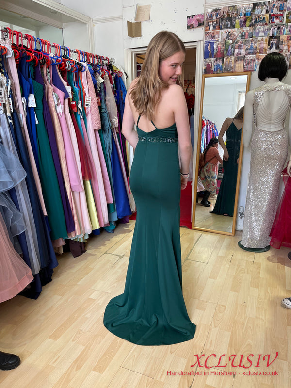 Bottle Green Crepe Cross-Back Beaded-Waist Split Prom Dress – XCLUSIV Horsham (view 3)