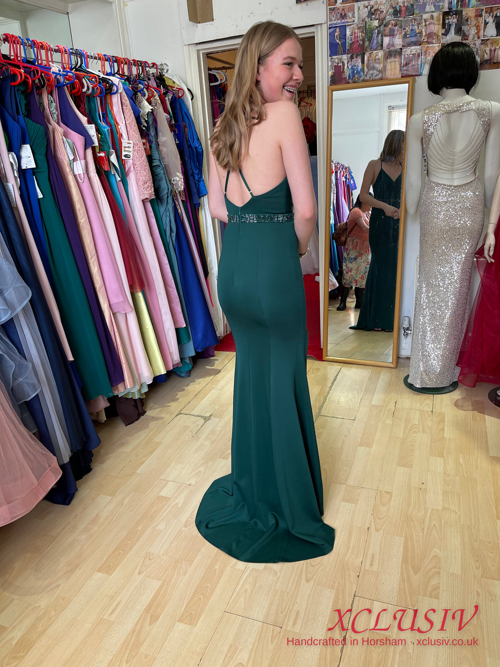 Bottle Green Crepe Cross-Back Beaded-Waist Split Prom Dress – XCLUSIV Horsham (view 4)