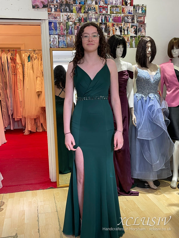 Bottle Green Crepe Cross-Back Beaded-Waist Split Prom Dress – XCLUSIV Horsham (view 5)