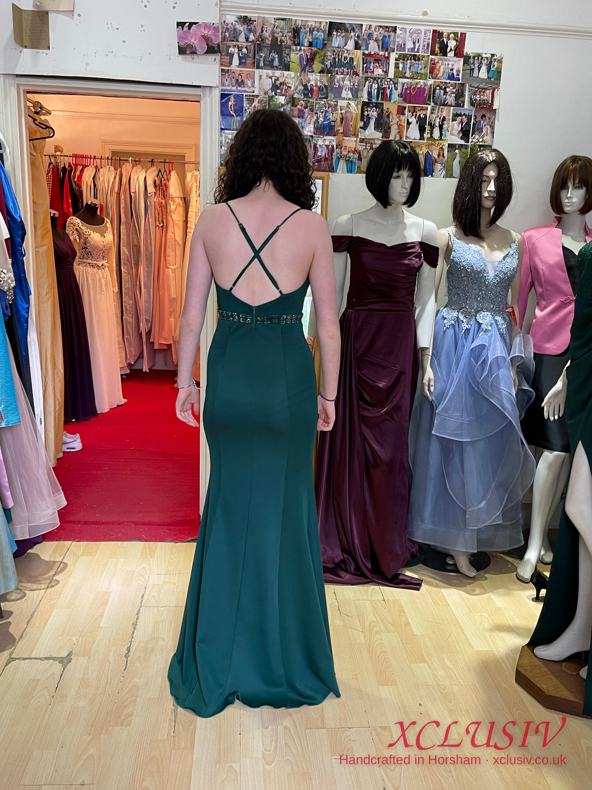 Bottle Green Crepe Cross-Back Beaded-Waist Split Prom Dress – XCLUSIV Horsham (view 6)