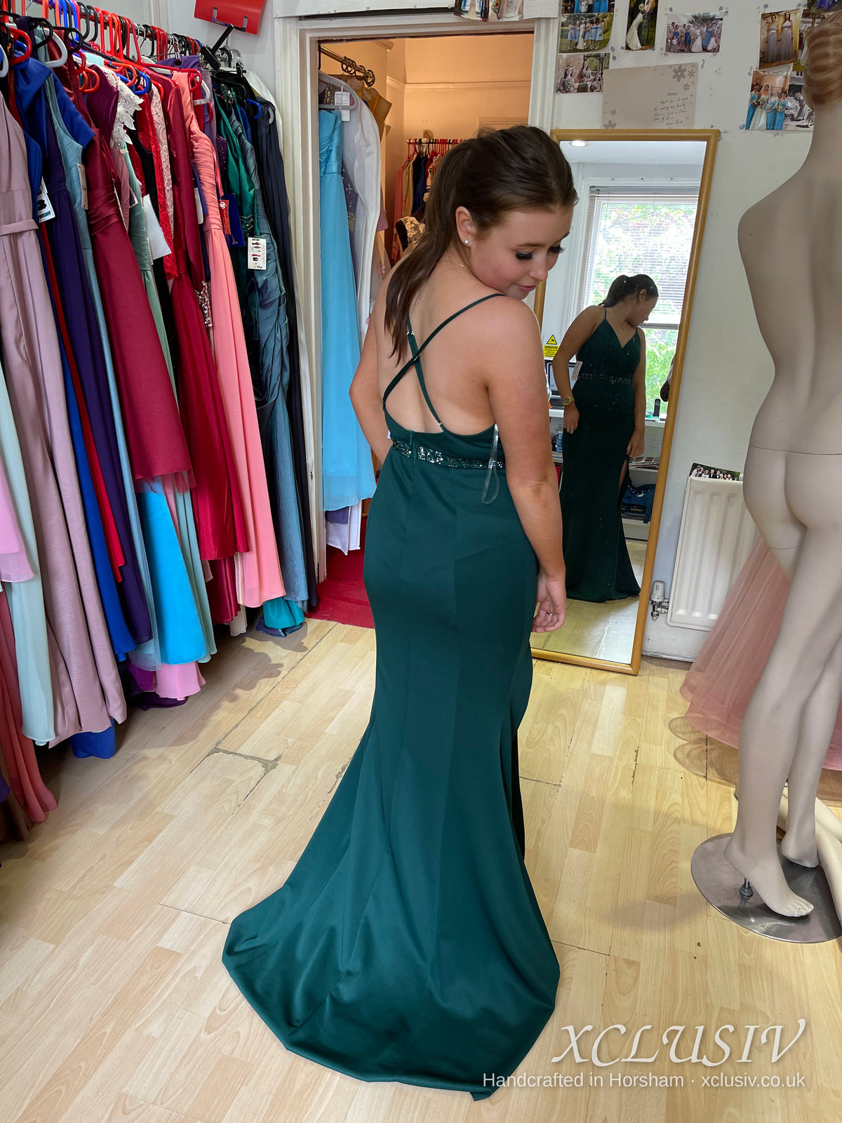 Bottle Green Crepe Cross-Back Mermaid Prom Dress – XCLUSIV Horsham (view 2)