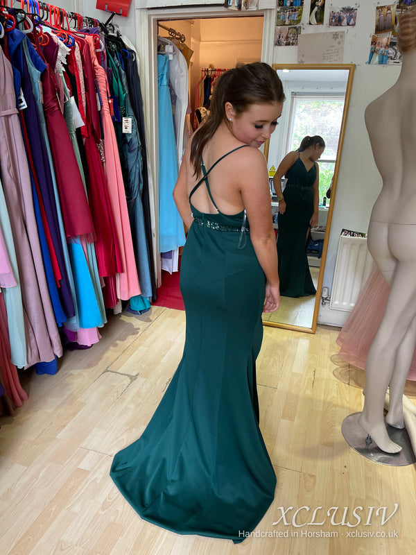 Bottle Green Crepe Cross-Back Mermaid Prom Dress – XCLUSIV Horsham (view 2)