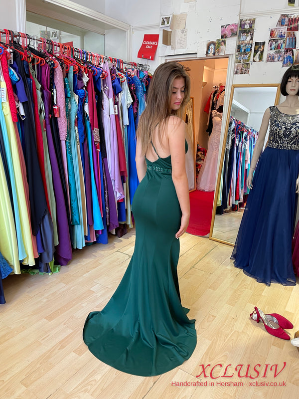 Bottle Green Crepe Split Prom Dress – XCLUSIV Horsham (view 4)
