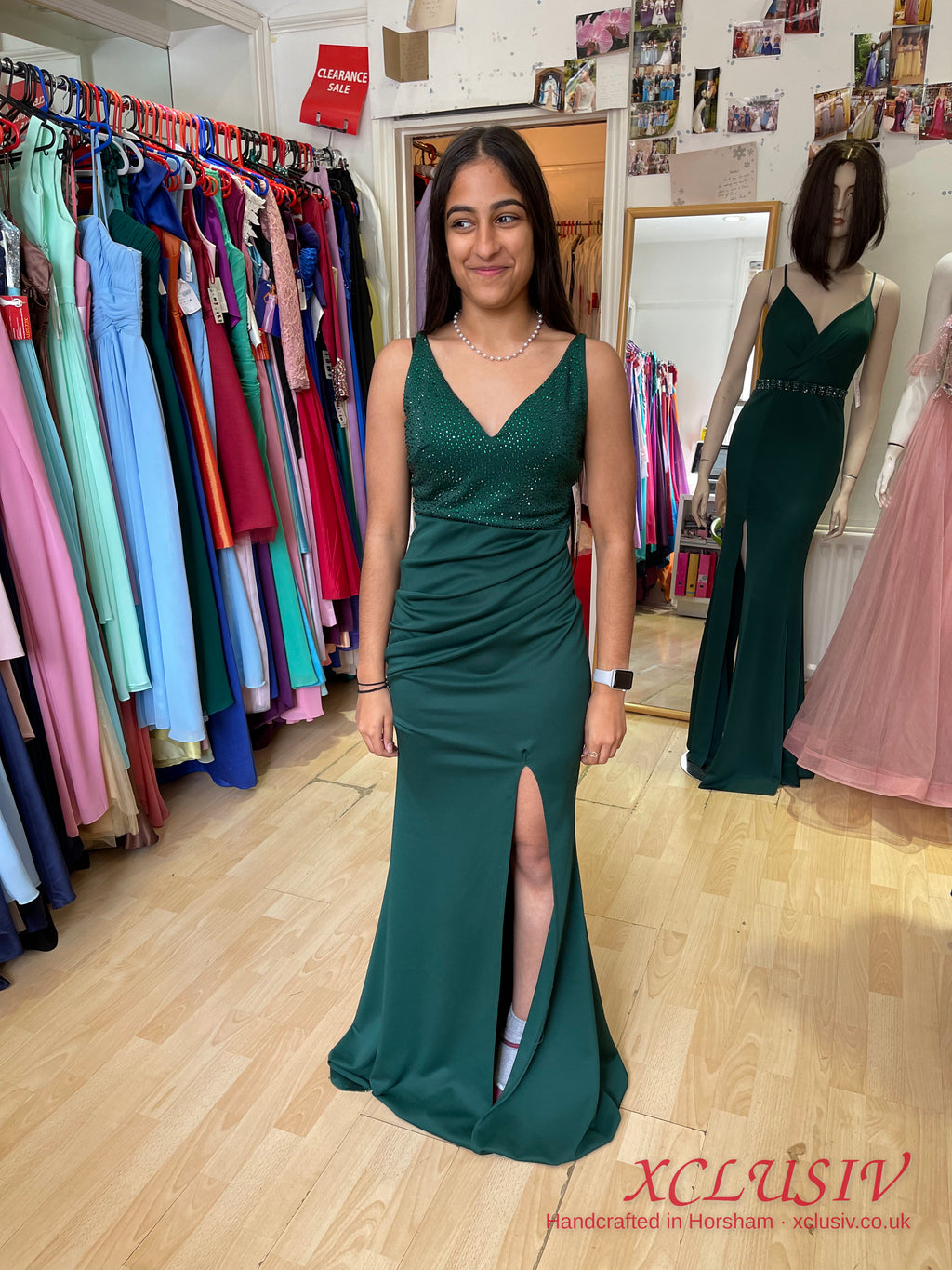 Bottle Green Crepe Split Prom Dress – XCLUSIV Horsham (view 5)