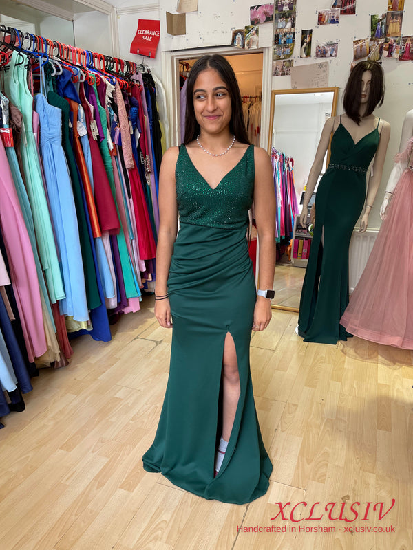 Bottle Green Crepe Split Prom Dress – XCLUSIV Horsham (view 5)