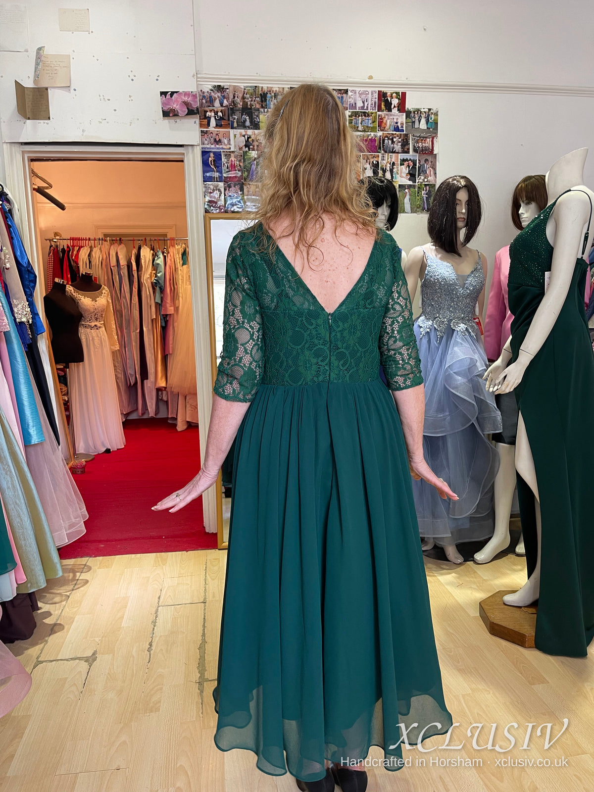 Bottle Green Lace-Sleeve Chiffon High-Low Dress – Mother of the Bride – XCLUSIV Horsham Main image