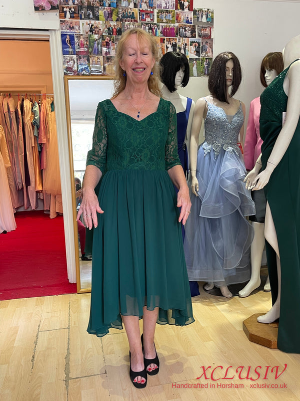 Bottle Green Lace-Sleeve Chiffon High-Low Dress – Mother of the Bride – XCLUSIV Horsham (view 2)