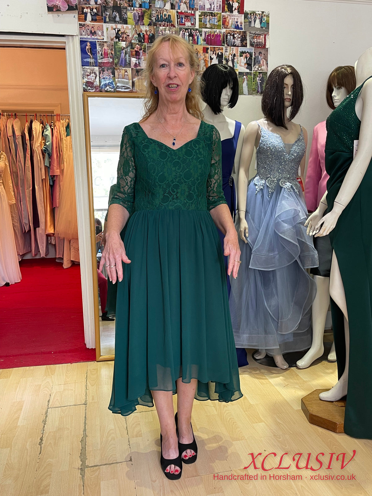 Bottle Green Lace-Sleeve Chiffon High-Low Dress – Mother of the Bride – XCLUSIV Horsham (view 3)