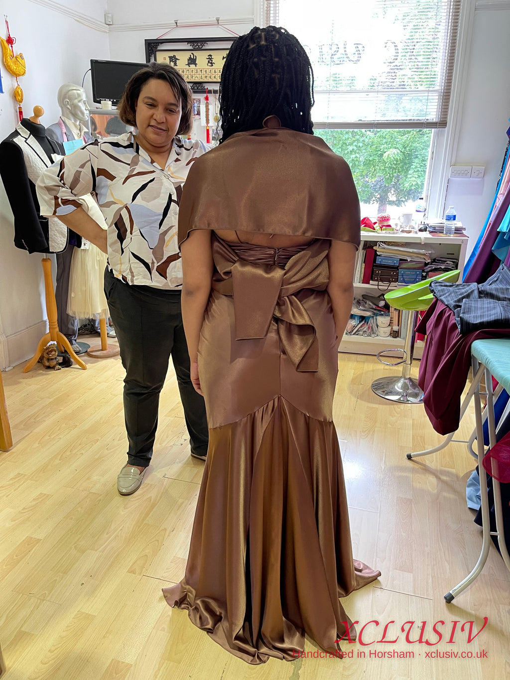 Bronze Satin Beaded Ruffle Mermaid Prom Dress with Stole – XCLUSIV Horsham (view 2)